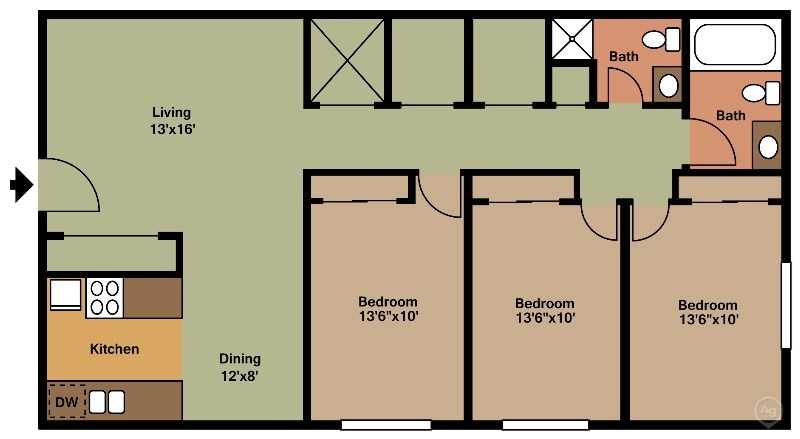 Floor plan for 3 beds, 1.5 baths, 1200 sqft